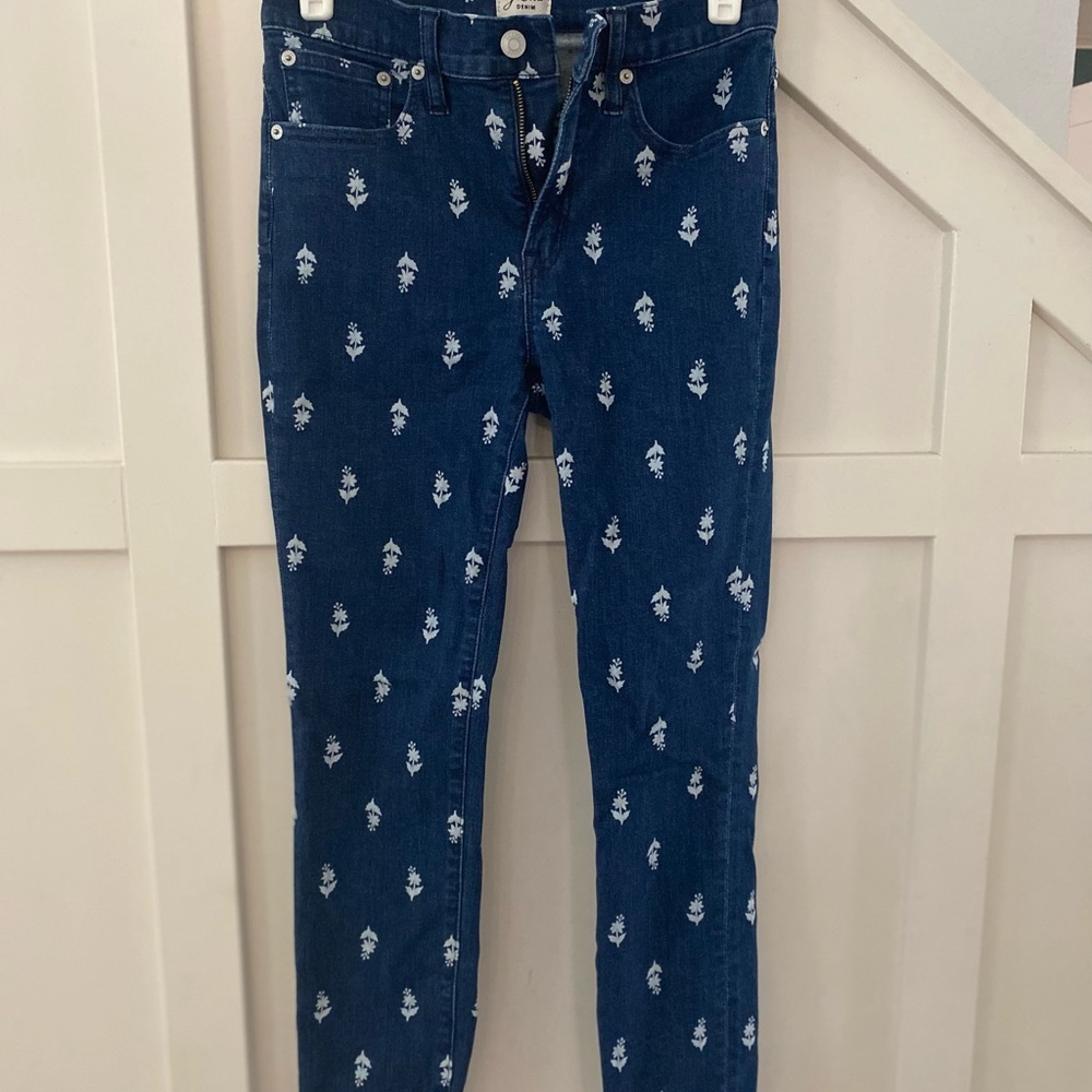 J. Crew Skinny Blue and White Jeans with Floral Print